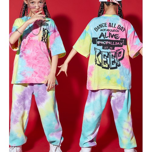 girls Boys rainbow colored rapper singers jazz hip-hop street dance costumes Boys drummer model show hiphop street performance clothing for children